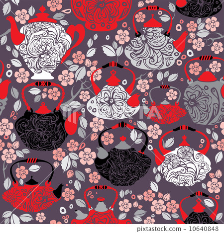 Seamless pattern with retro design china tea pots and sakura flo 10640848