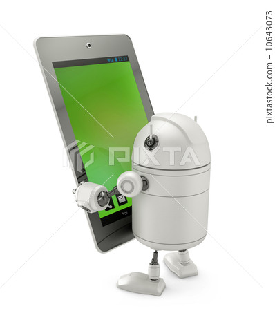 Robot looking at tablet computer. 10643073