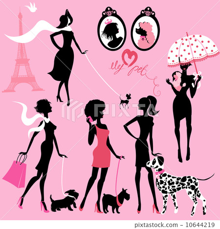 Set of black silhouettes of fashionable girls with their pets - Set of black silhouettes of fashionable girls with their pets - 10644219