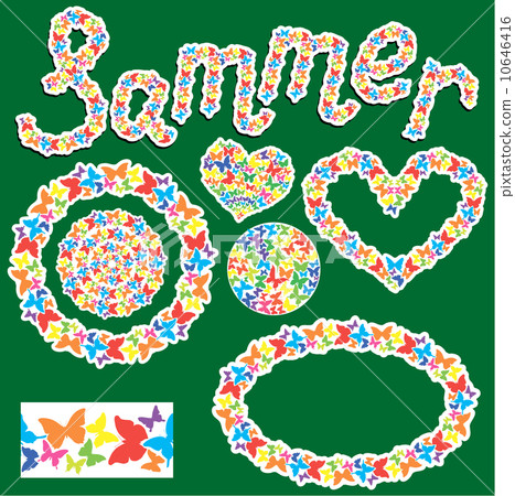 Elements for summer or spring design. Word SUMMER; round, oval, Elements for summer or spring design. Word SUMMER; round, oval, 10646416