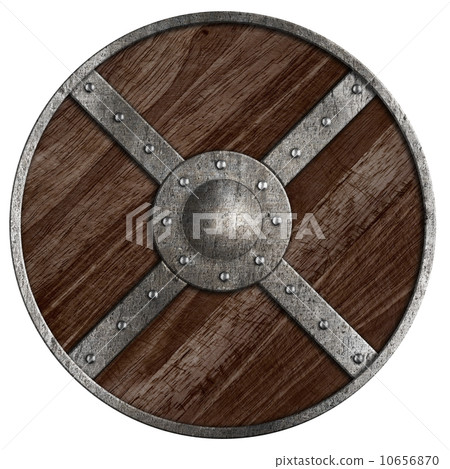 Medieval vikings round wooden shield isolated on white 10656870