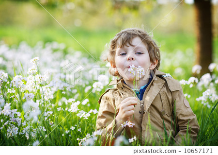 Happy little boy in spring garden with blooming white flowers Happy little boy in spring garden with blooming white flowers 10657171
