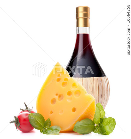 Red wine bottle, cheese and tomato still life Red wine bottle, cheese and tomato still life 10664259