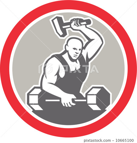 Blacksmith Striking at Barbell with Sledgehammer Retro 10665100