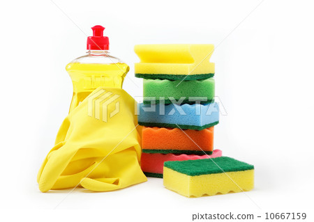 Detergent bottle, rubber gloves and cleaning sponge on a white b Detergent bottle, rubber gloves and cleaning sponge on a white b 10667159