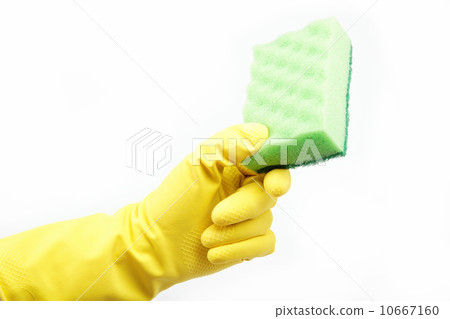 Hand with rubber glove and cleaning sponge on white background Hand with rubber glove and cleaning sponge on white background 10667160