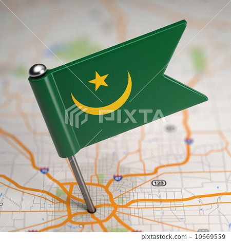 Mauritania Small Flag on a Map Background. 10669559