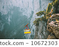 Yellow Funicular Cable cabin high transportation with Rocky Mountains on background Summer day 10672303