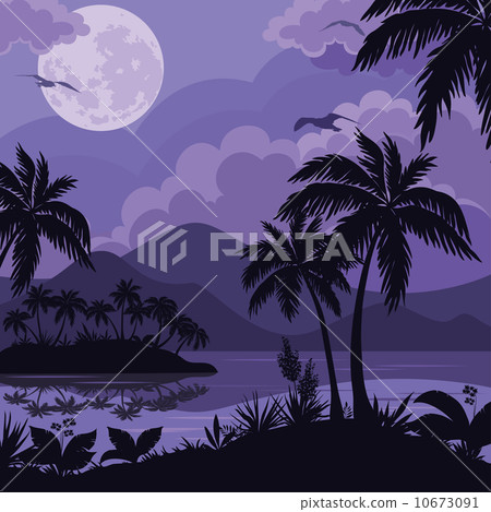 Tropical sea landscape with moon and palm - Stock Illustration ...