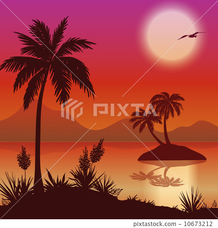 Tropical islands, palms, flowers and birds 10673212