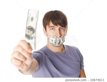 Young man with his mouth sealed by hundred dollar bills for brib 10674611