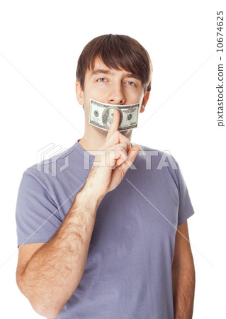 Young man with his mouth sealed by a hundred dollar bills for br 10674625