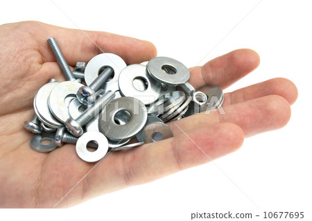hand with a washer, nut, screw hand with a washer, nut, screw 10677695