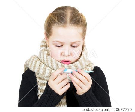 Girl in mask with thermometer isolated on white background 10677759