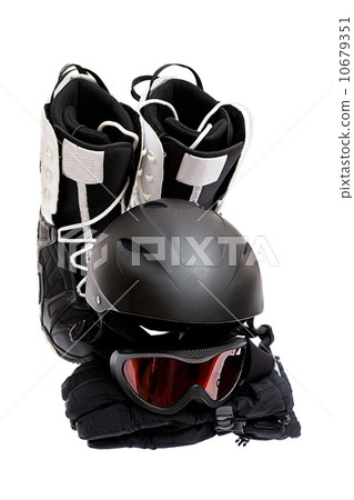 Ski helmet, goggles, gloves, boots on a white background Ski helmet, goggles, gloves, boots on a white background 10679351