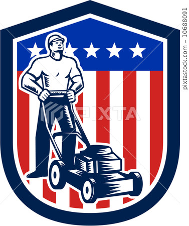 Gardener Mowing Lawn Mower Flag Retro 10688091