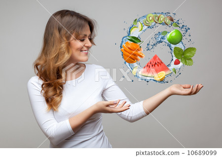 smiling woman with fruits and water splash smiling woman with fruits and water splash 10689099