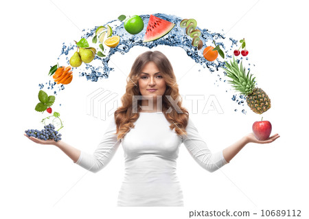 smiling woman with fruits isolated 10689112