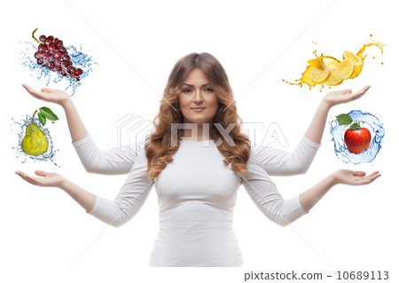 smiling woman with fruits isolated smiling woman with fruits isolated 10689113