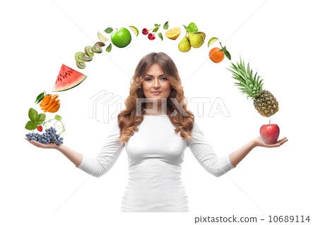 smiling woman with fruits isolated 10689114