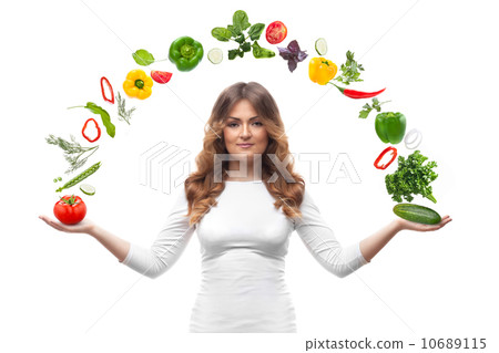 smiling woman with vegetables isolated smiling woman with vegetables isolated 10689115