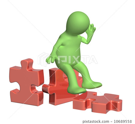Upset 3d puppet and parts of puzzle 10689558