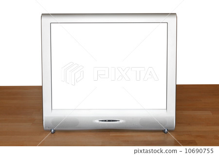 silver TV set display with cutout screen on table 10690755