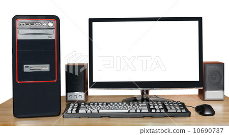 desktop computer with widescreen display on table desktop computer with widescreen display on table 10690787