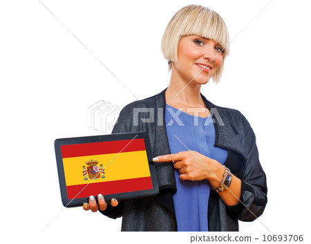 attractive blond woman holding tablet with spain flag attractive blond woman holding tablet with spain flag 10693706