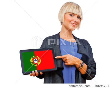 attractive blond woman holding tablet with portugal flag attractive blond woman holding tablet with portugal flag 10693707