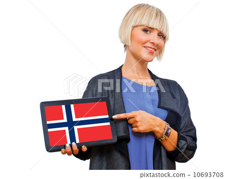attractive blond woman holding tablet with norway flag attractive blond woman holding tablet with norway flag 10693708