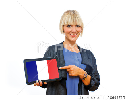 attractive blond woman holding tablet with france flag attractive blond woman holding tablet with france flag 10693715