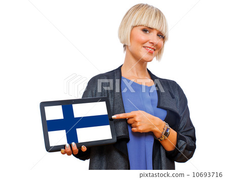 attractive blond woman holding tablet with finland flag 10693716
