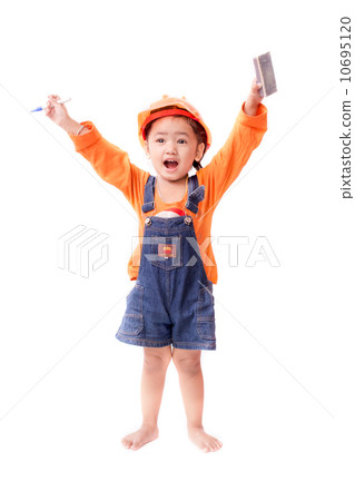 Asian Engineer baby girl with eraser brush and pen in hand Asian Engineer baby girl with eraser brush and pen in hand 10695120