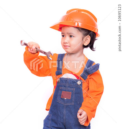 Asian Engineer baby girl and wrench in hand Asian Engineer baby girl and wrench in hand 10695123