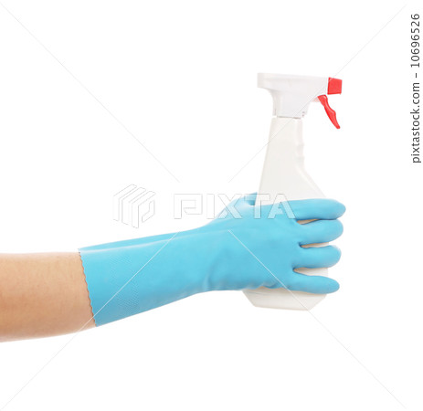 Hand in glove holding white plastic spray bottle. Hand in glove holding white plastic spray bottle. 10696526