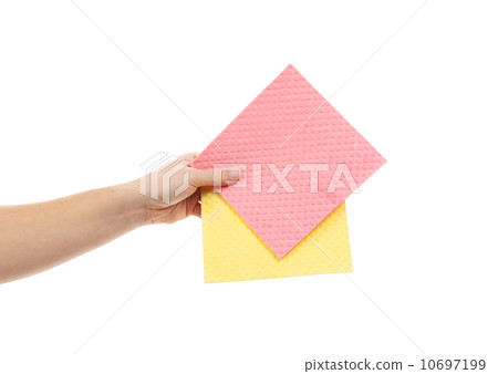 Hand holds different sponges. Hand holds different sponges. 10697199