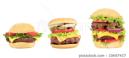 Three appetizing hamburgers. 10697437