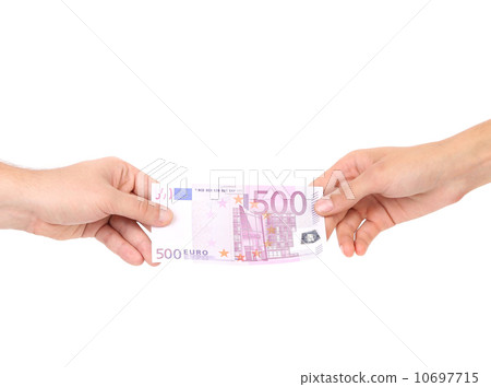 Two hands and 500 euro banknote. 10697715