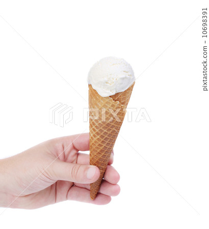 Hand holds cone vanille ice cream. Hand holds cone vanille ice cream. 10698391
