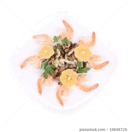Shrimp salad with lemons and mushrooms. Shrimp salad with lemons and mushrooms. 10698729