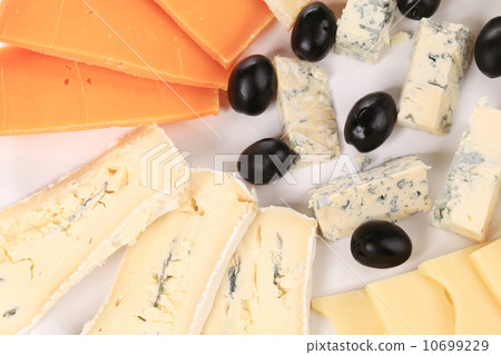 Cheese plate with black olives. Cheese plate with black olives. 10699229