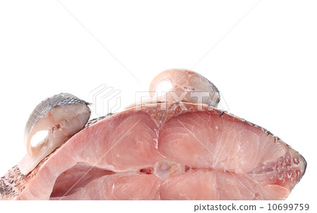 Fthree fresh steaks of seabass close up. 10699759