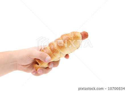 Hand holds baked hot dog. 10700834