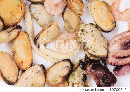 Close up of seafood products. 10700841
