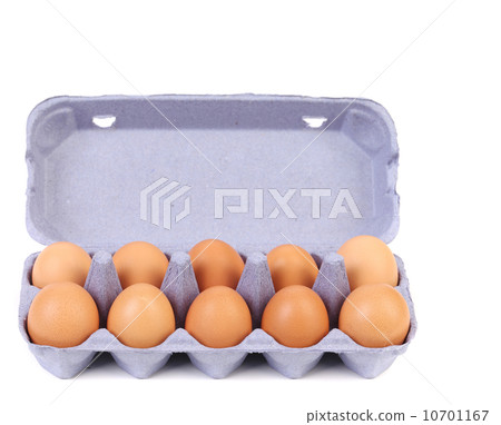 Ten eggs in a blue carton box. Ten eggs in a blue carton box. 10701167