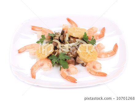 Shrimp salad with lemons and mushrooms. Shrimp salad with lemons and mushrooms. 10701268