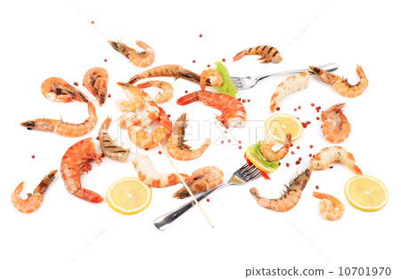 Fresh cooked shrimps composition with fork. Fresh cooked shrimps composition with fork. 10701970