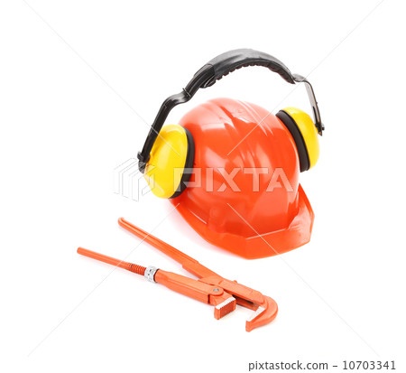 Protective helmet with headphones and wrench key. Protective helmet with headphones and wrench key. 10703341