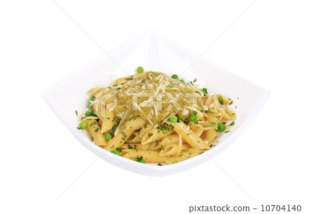 Pasta with pesto sauce and parmesan. 10704140